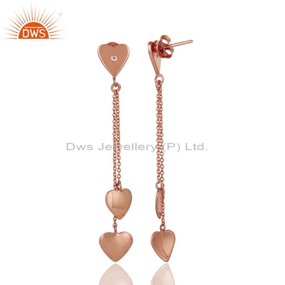 Suppliers Sterling Silver Rose Gold Plated White Topaz Heart Chain Dangle Earrings