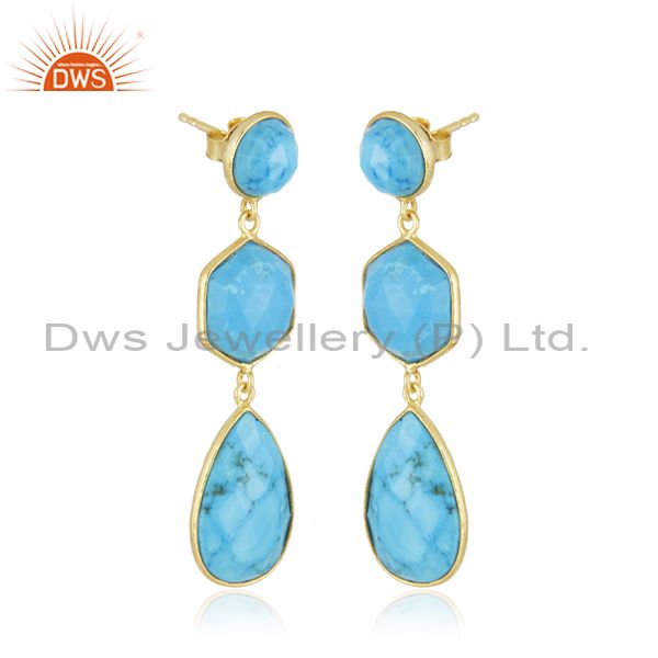 Exporter 18K Yellow Gold Plated Sterling Silver Turquoise Bezel Set Triple Dangle Earring
