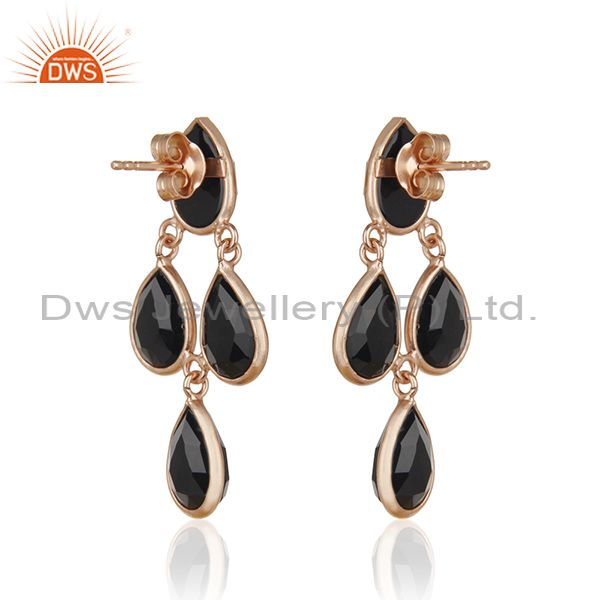 Exporter 18K Rose Gold Sterling Silver Black Onyx Gemstone Teardrop Dangle Earrings