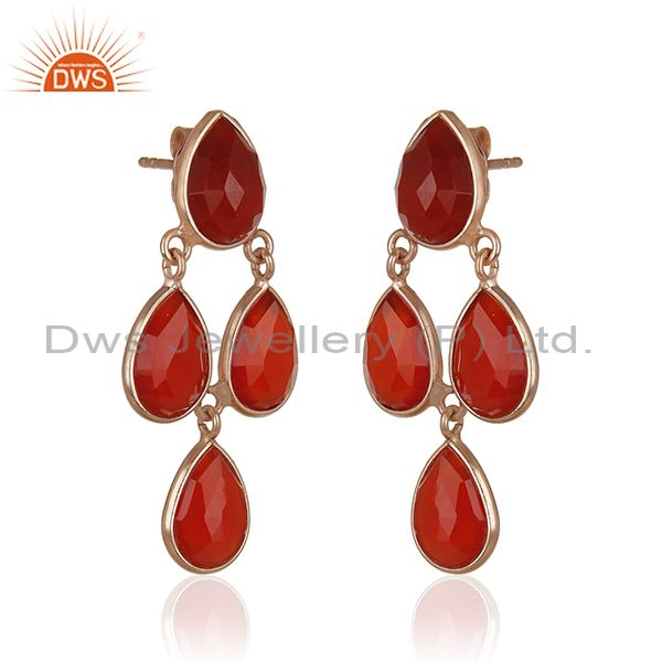 Exporter Red Onyx Gemstone Rose Gold Plated 925 Silver Drop Earrings Manufacturer