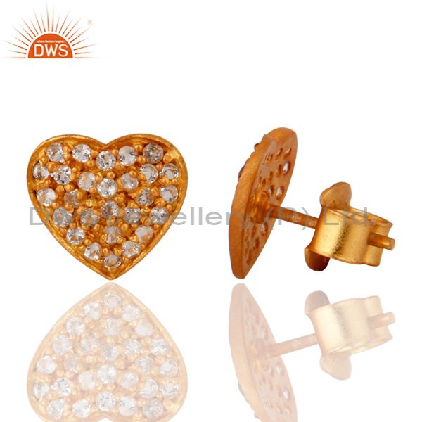 Suppliers 18K Yellow Gold Plated Sterling Silver White Topaz Heart Design Stud Earrings