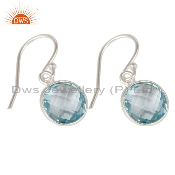 Wholesalers 925 Sterling Silver Blue Topaz Gemstone Bezel Set Dangle Earrings