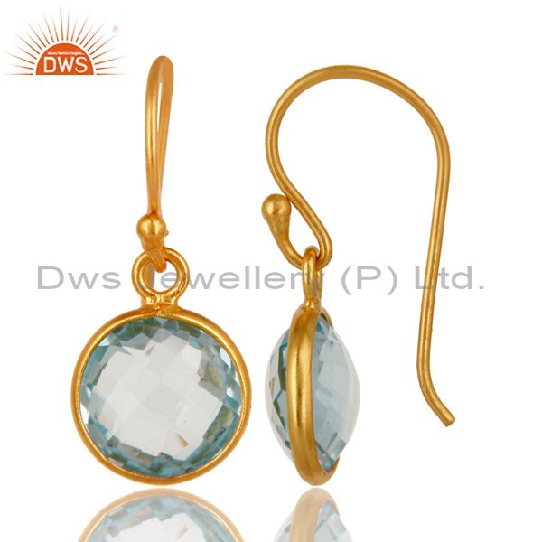 Suppliers 14K Yellow Gold Plated Sterling Silver Blue Topaz Bezel Set Dangle Earrings