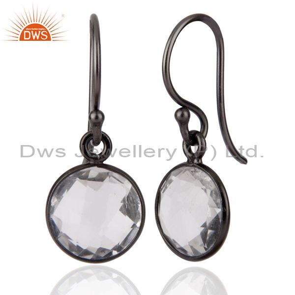 Wholesalers Oxidized Sterling Silver Crystal Quartz Round Cut Bezel Set Dangle Earrings