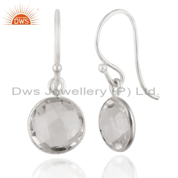 Wholesalers 925 Sterling Silver Crystal Quartz Round Cut Bezel Set Dangle Earrings