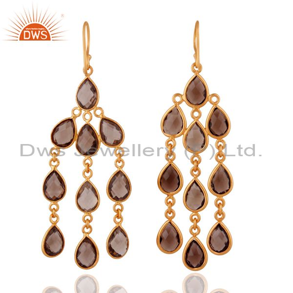 Exporter 18K Yellow Gold Plated Faceted Smoky Quartz Chandelier Brass Earrings
