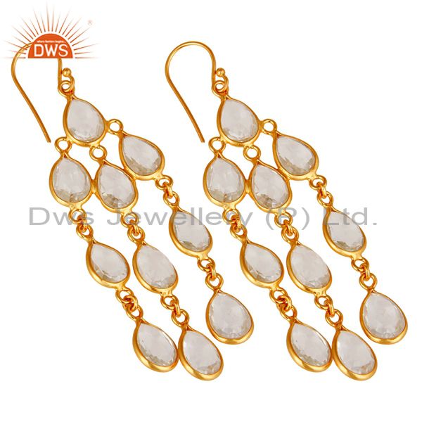 Wholesalers 18K Yellow Gold Plated Sterling Silver Crystal Quartz Bridal Chandelier Earrings