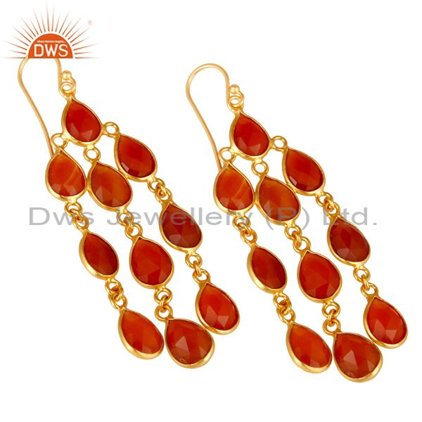 Wholesalers 18K Yellow Gold Plated Sterling Silver Red Onyx Gemstone Chandelier Earrings