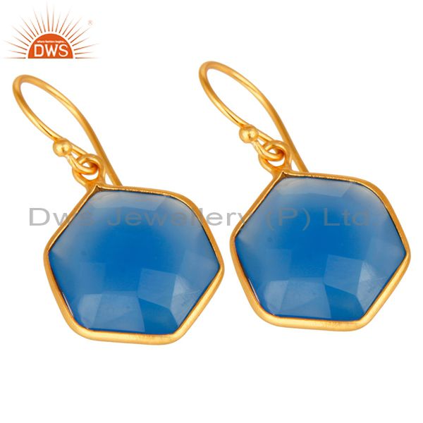 Wholesalers Dyed Blue Chalcedony Faceted 18K Gold Over 925 Silver Bezel-Set Dangle Earrings