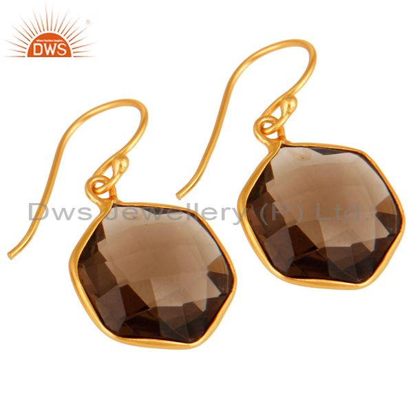 Wholesalers Smoky Quartz Faceted Hexagon Shaped 18K Gold On Sterling Silver Dangle Earrings