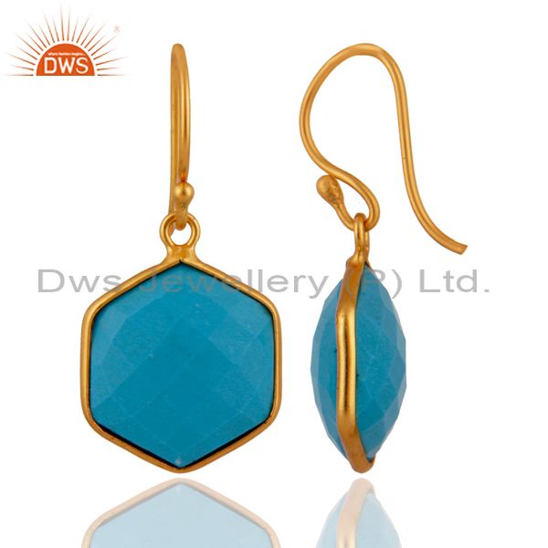 Exporter 18K Yellow Gold Plated Sterling Silver Turquoise Bezel Set Hexagon Drop Earrings