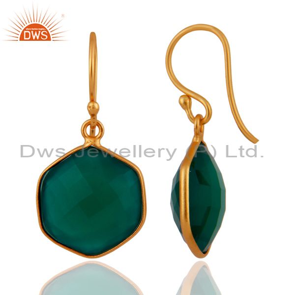 Suppliers Faceted Green Onyx Bezel Set Gemstone Sterling Silver Earrings With Gold Plated