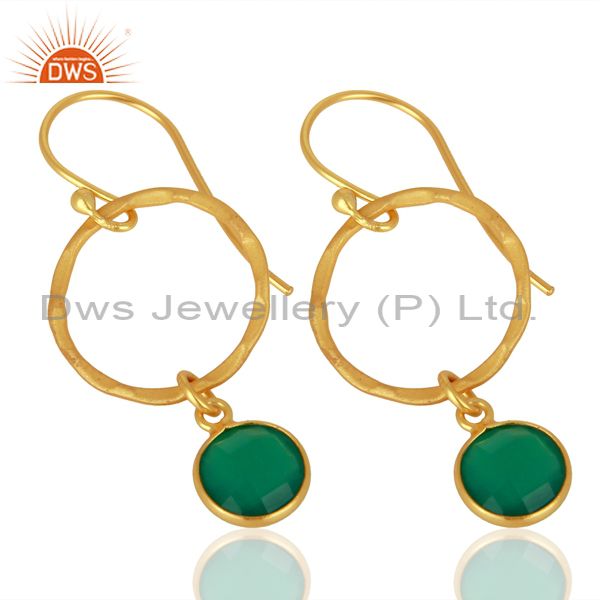 Exporter Green Onyx Gemstone Hammer Texture Circle Sterling Silver Gold Plated Earring