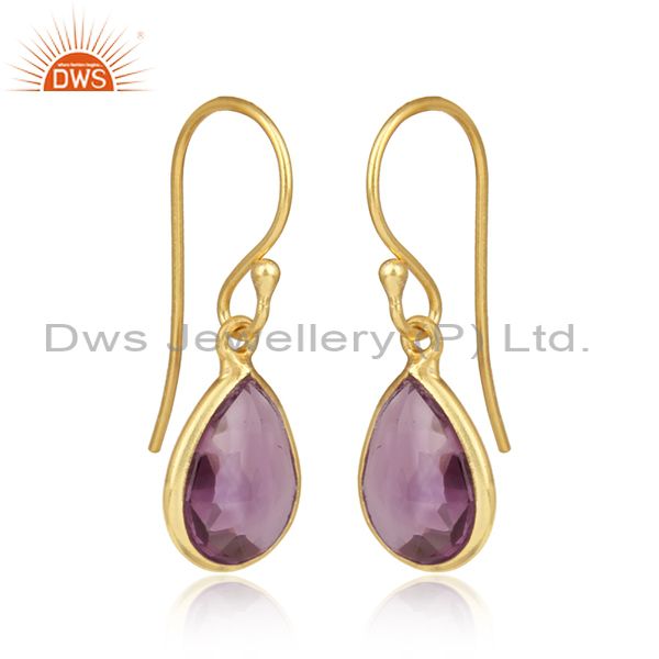 Handmade yellow gold on silver drop dangle with amethsyt