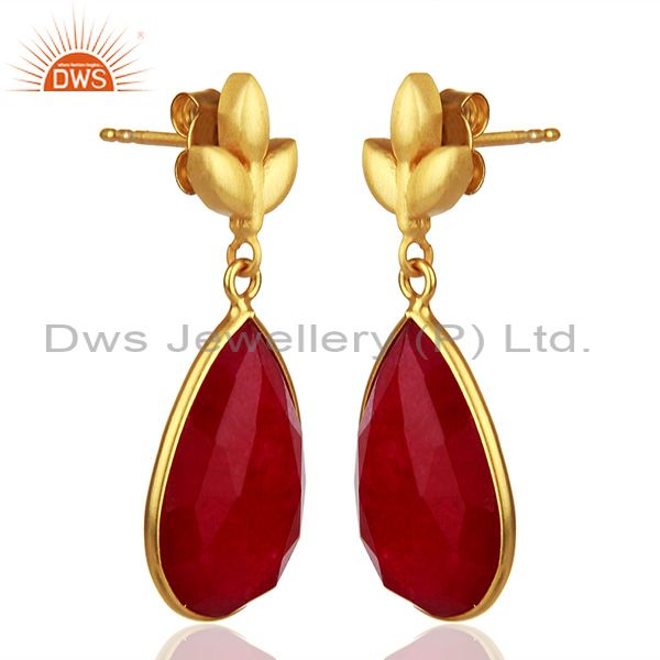 Exporter Red Aventurine Gemstone 925 Silver Gold Plated Girls Earrings Jewelry
