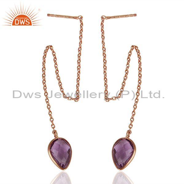 Exporter Rose Gold Plated 925 Silver Amethyst Gemstone Chain Earrings Jewelry