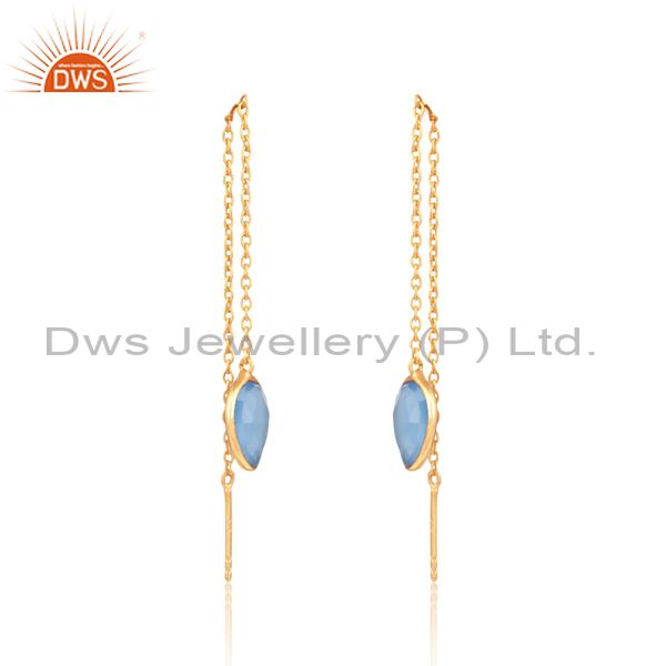 Designer chain dangle in yellow gold on silver blue chalcedony