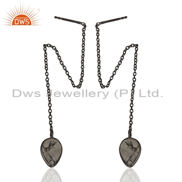 Exporter Black Rutile Gemstone Black Sterling Silver Chain Earring Manufacturer