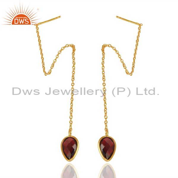 Exporter Natural Garnet Gemstone Solid 925 Silver Gold Plated Chain Earrings