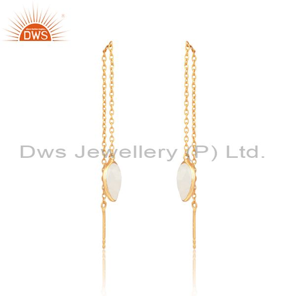 Designer chain dangle in yellow gold on silver rainbow moonstone