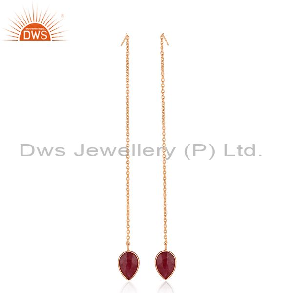 Exporter Corundum Ruby Gemstone Rose Gold Plated 925 Silver Earrings Wholesale India