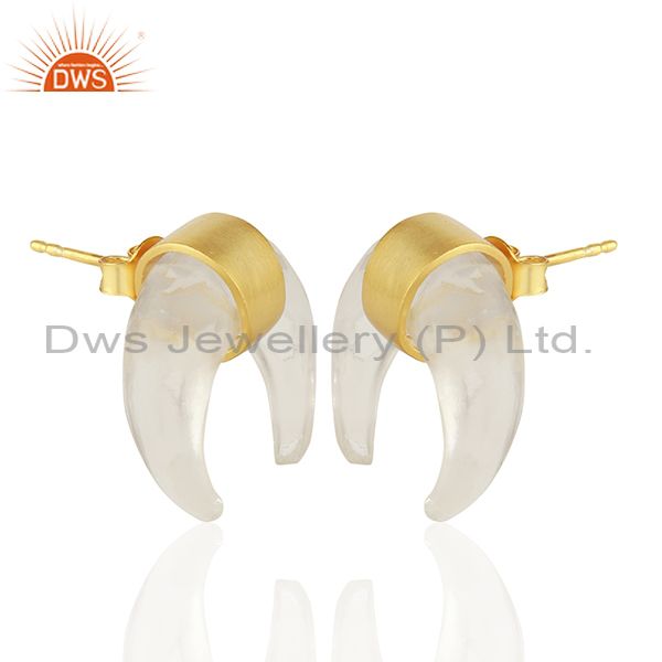Exporter Crystal Quartz Crescent Moon 925 Sterling Silver 18k Gold Plated Studs Earring