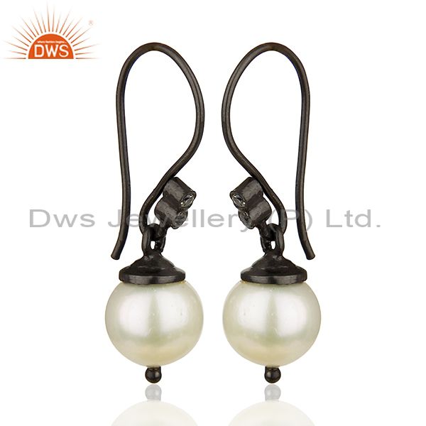 Exporter Round White Pearl Black 925 Sterling Silver Drop Earrings Wholesale