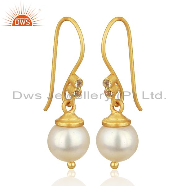 Exporter Natural Pearl Gemstone 925 Silver Gold Plated Girls Drop Earrings