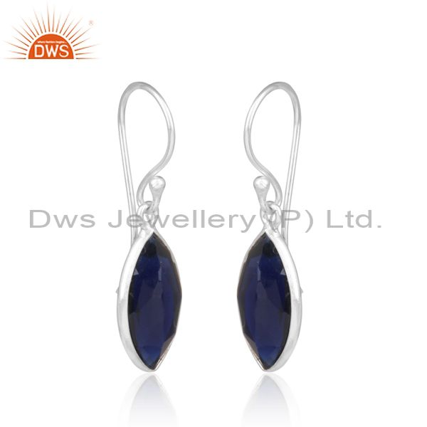 Cultured Blue Corundum Fine Silver Tear Drop Dangle Earrings