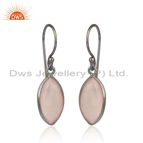Oval Rose Chalcedony Set Black Plated 925 Silver Earring