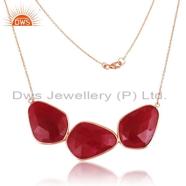 18k rose gold plated sterling silver dyed ruby gemstone bezel set necklace