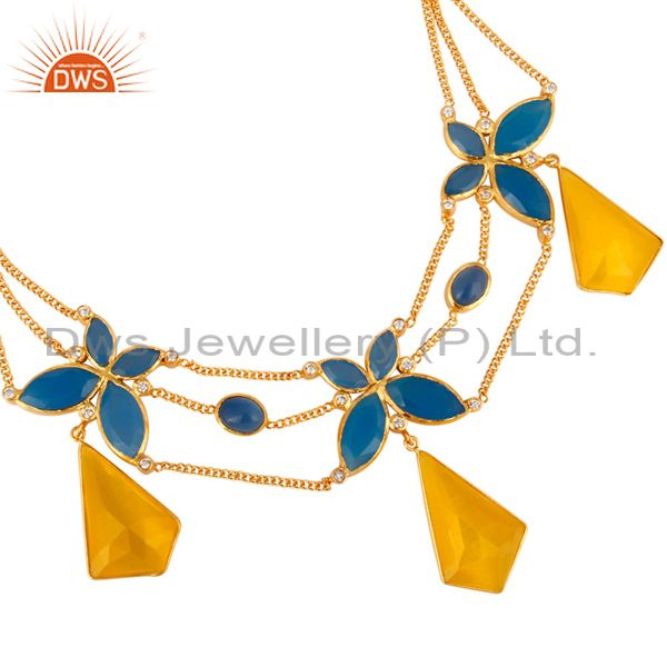 Exporter 22K Yellow Gold Plated Brass Aqua Chalcedony And Yellow Moonstone Necklace