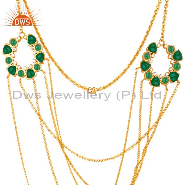 Exporter 22K Yellow Gold Plated Brass Green Aventurine And CZ Multi Chain Necklace