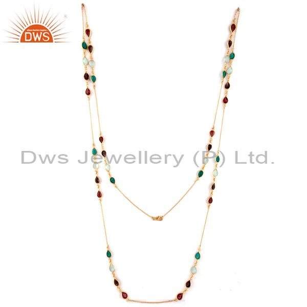 Exporter 18K Yellow Gold Plated Sterling Silver Garnet And Green Onyx Link Chain Necklace