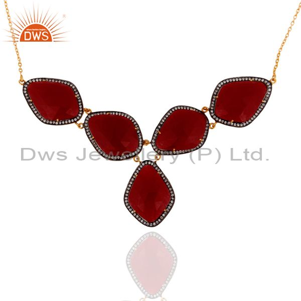 Exporter 24K Yellow Gold Plated Sterling Silver Red Aventurine And CZ Fashion Necklace