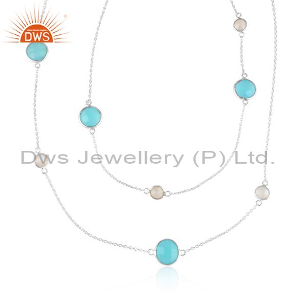 Exporter Rainbow Moonstone Aqua Chalcedony Gemstone Chain Necklace Jewelry