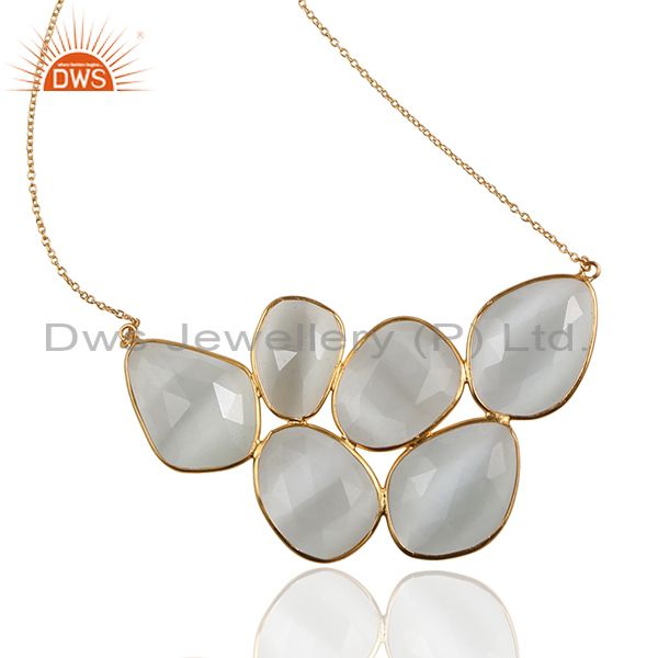 Exporter 18K Yellow Gold Plated Sterling Silver White Moonstone Bezel Set Necklace