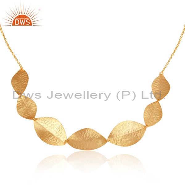 22k yellow gold plated sterling silver hammered dry leaf necklace