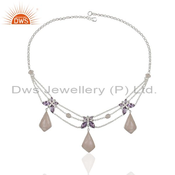 Wholesalers Amethyst and Rose Quartz Gemstone 925 Silver Necklace Manufacturers