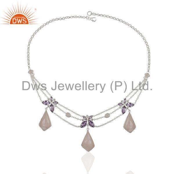 Exporter Amethyst and Rose Quartz Gemstone 925 Silver Necklace Manufacturers