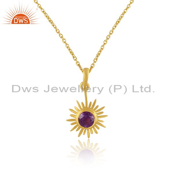 Exporter Indian Artisan Crafted Sterling Silver Amethyst Pendant Sun Symbol 18k Gold Verm