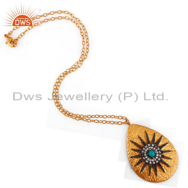 Exporter 18K Yellow Gold Plated Turquoise And CZ Antique Look Pendant With Chain
