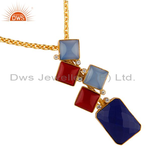 Exporter 18K Yellow Gold Plated Red Coral, Chalcedony And Lapis lazuli Pendant With CZ