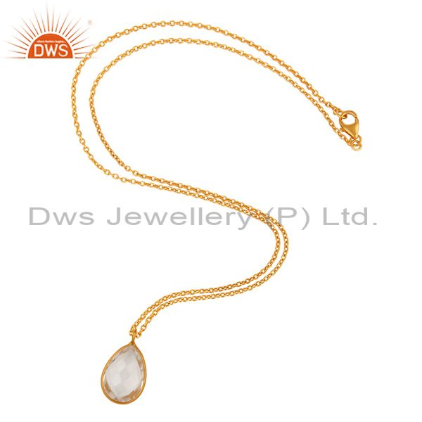 Exporter 18K Yellow Gold Plated Sterling Silver Crystal Quartz Bezel Set Pendant Necklace
