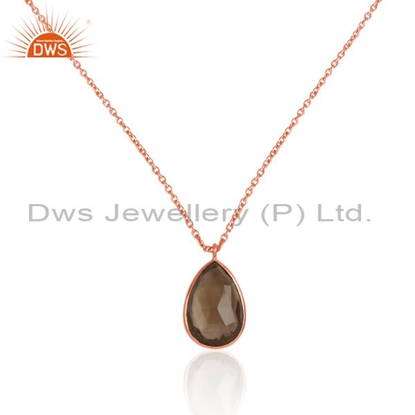 18k rose gold plated sterling silver smoky quartz bezel drop pendant with chain