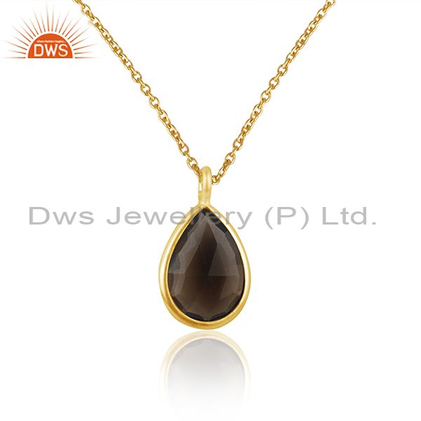 Exporter Smoky Quartz Gemstone Gold Plated Sterling Silver Chain Pendant