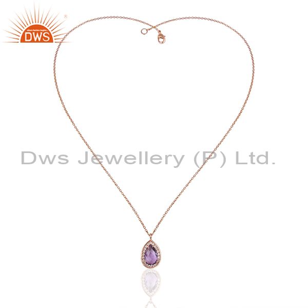 Exporter Natural Amethyst Birthstone Rose Gold 925 Silver Girls Chain Pendant