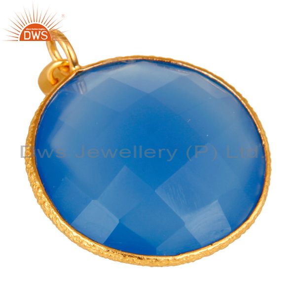 Exporter 18K Yellow Gold Plated Sterling Silver Blue Chalcedony Bezel Set Charm Pendant