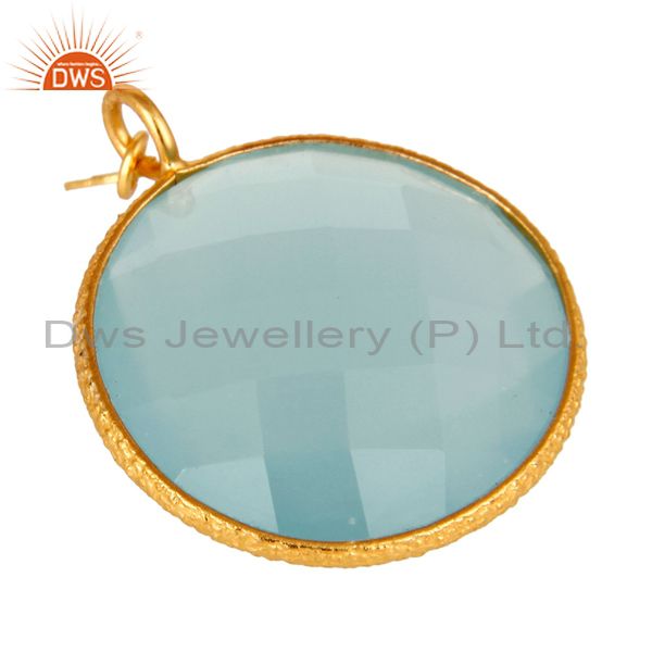 Exporter 18K Yellow Gold Plated Sterling Silver Aqua Chalcedony Bezel Set Charm Pendant