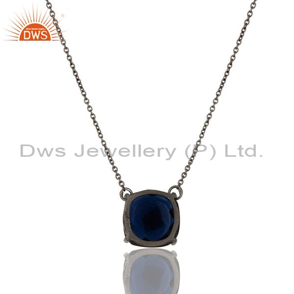Exporter Oxidized Sterling Silver Blue Corundum Gemstone Prong Set Chain Necklace